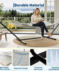 Two Person Hammock With Adjustable Steel Stand And Pillow For Easy Outdoor Lounging, Heavy Duty Portable Set, Handles Up To 450 Lbs, Perfect For Patio Garden Beach Backyard Camping And Chill Sessions set up in a living room with a woman sitting on it.