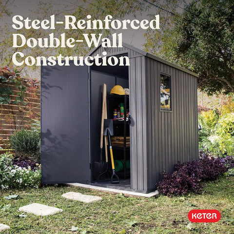 Lockable Resin Outdoor Storage Shed Graphite Gray Four By Six Feet weather-resistant storage shed with tools visible inside.