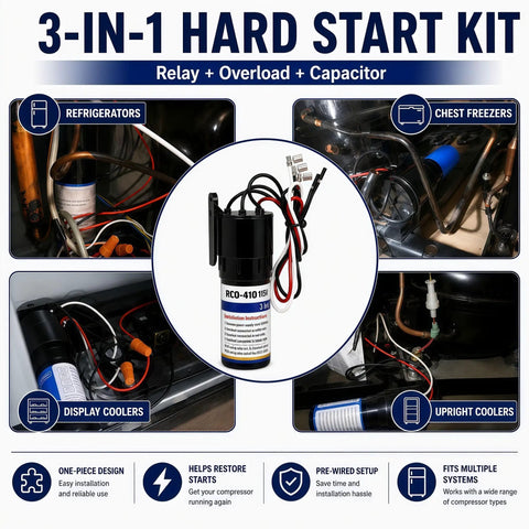 Universal 3 In 1 Compressor Hard Start Capacitor Kit For Refrigeration Systems 115 Vac 1/4 To 1/3 Hp showing installation in various cooling systems.