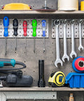 Pro Grade Pegboard Tool Holder Set With Ring Style Hooks For Screwdrivers Pliers And Small Tools Six Organizer Racks For Pegboard Easy Install Silver shown with tools in workshop.