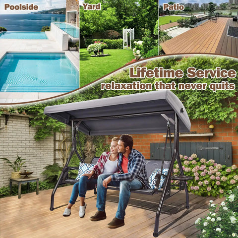 Three Person Outdoor Patio Swing With Adjustable Canopy and Textilene Seat
