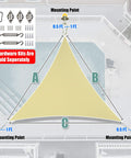 Top view of Beige Triangle Shade Sail 10 Feet By 10 Feet For Patio Deck And Garden Made From 200 GSM HDPE Water And Air Permeable Fabric Delivers UPF 50 Sun Protection with mounting points diagram