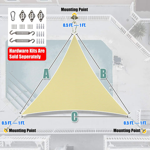 Top view of Beige Triangle Shade Sail 10 Feet By 10 Feet For Patio Deck And Garden Made From 200 GSM HDPE Water And Air Permeable Fabric Delivers UPF 50 Sun Protection with mounting points diagram