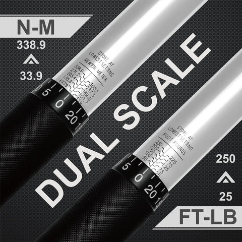 Half Inch Drive Click Torque Wrench 25-250 Ft-Lb Range with Dual Scale in close-up showing scale details and measurements.