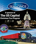 Seal-Once sponsor banner for The US Capitol Christmas Tree Program with decorated tree and transport truck image.
