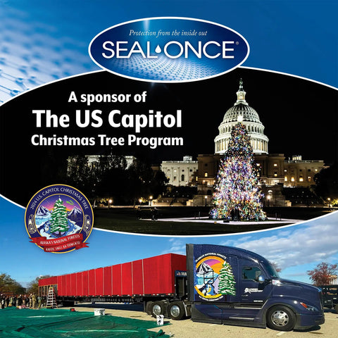Seal-Once sponsor banner for The US Capitol Christmas Tree Program with decorated tree and transport truck image.