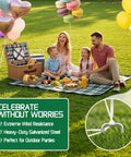 Family enjoying picnic with Heavy Duty Galvanized Garden Stakes 5 Inch 25 Pack securing blanket on grass.