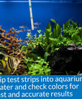 Quick Dip Five In One Aquarium Water Test Strips For Freshwater And Saltwater Tanks checking pH and nitrates in a vibrant fish tank.