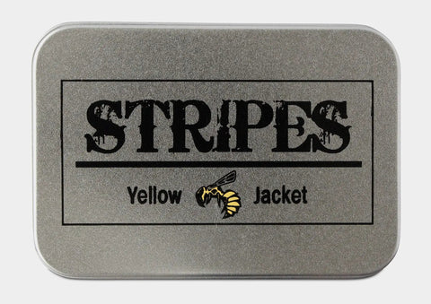 STRIPES Yellow Jacket metal canister packaging with a silver finish and bold black lettering.