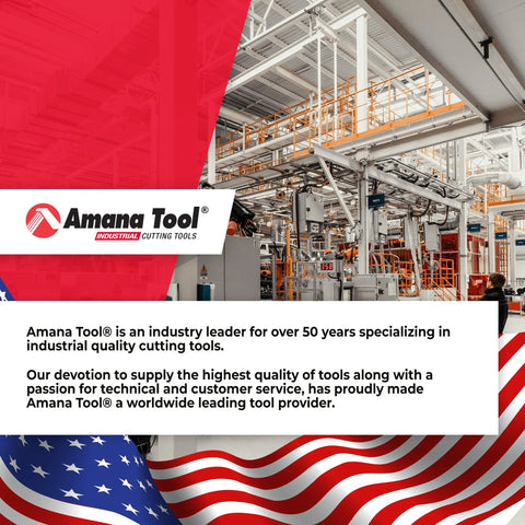 Amana Tool industrial cutting tools factory with American flag design, showcasing machinery and equipment.