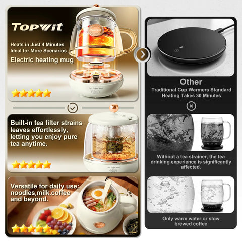 Topwit electric heating mug with tea filter, comparing rapid 4-minute heating to traditional cup warmer, and versatile usage images.