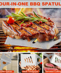 Four-in-one BBQ spatula with steak on grill, featuring bottle opener and serrated cutting edge.