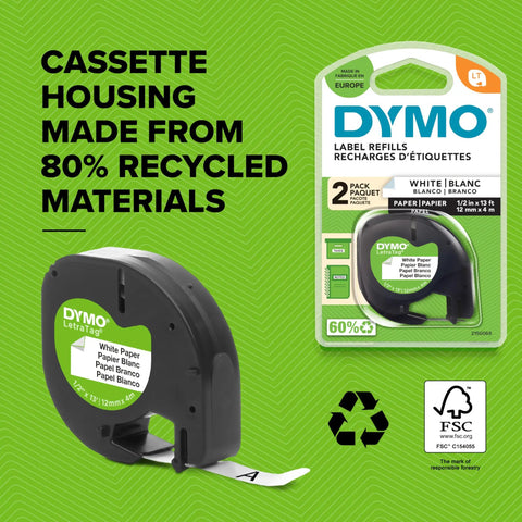 DYMO label tape cassette with 80% recycled materials, white paper labels, 12mm x 4m, shown with packaging.