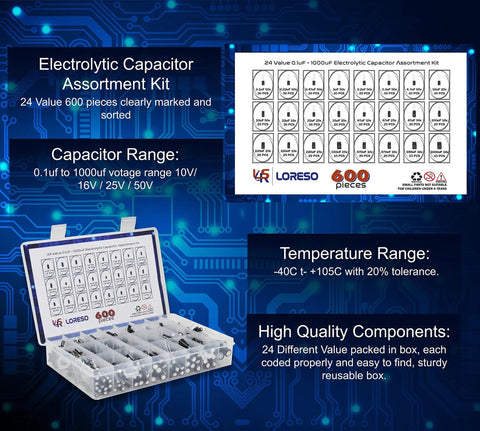 Badass Electrolytic Capacitor Assortment Kit 600 Pieces 24 Values 0.1uF To 1000uF At 50V in transparent storage box with labels.
