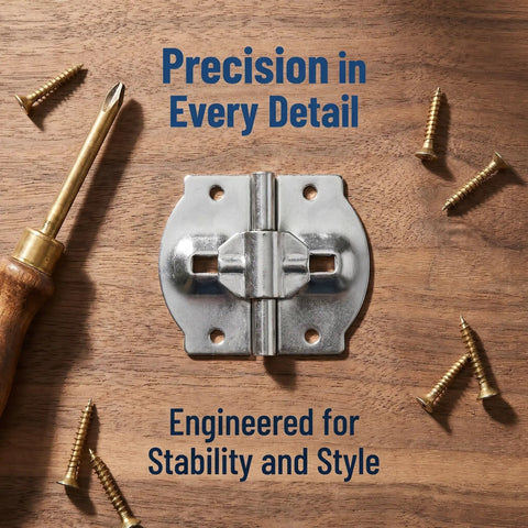 Adjustable Angle Iron Hinges Set for Jewelry Boxes and Wooden Cases with screws and screwdriver on wood surface