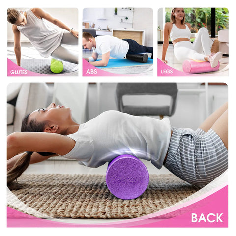 Person using High Density EPP Foam Back Roller for Yoga and Pilates in Fuschia Rose for full back stretch
