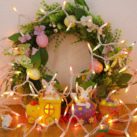 Wreath with Easter String Lights 50 Count White Wire Pastel Fairy Lights Multicolor 11.5 Ft 120V UL Certified Cozy Vibe