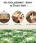 Three-step assembly process of 64 Inch Chunky Blanket Loom For DIY Throw Blankets Easy To Use Adjustable Hand Weaving Frame No Needles Required Beginner Friendly Craft Tool For Hand Knitting Yarn Chunky Projects Great For Teens And Adults showing panel setup, peg insertion, and completed weaving with green blanket.
