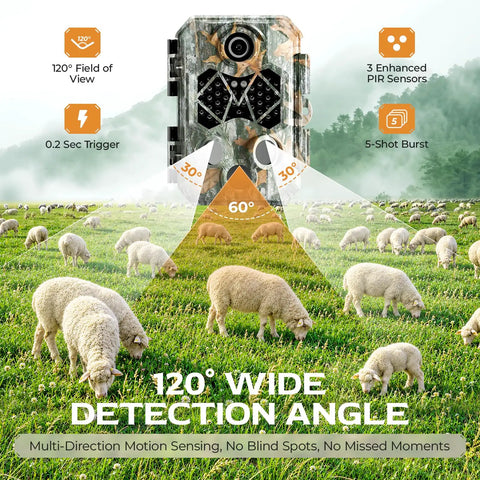4K 64MP Solar Trail Camera With Massive 10000mAh Battery And Instant WiFi Bluetooth Hunting Cam featuring 120° field of view and sheep grazing.