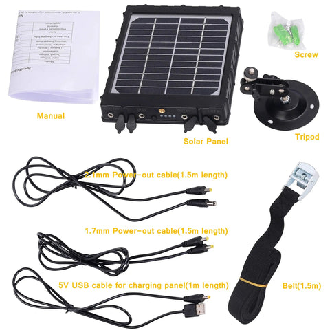 Heavy Duty Solar Power Panel For Trail Cameras 8000Mah Battery Bank 3 Watt Output includes cables, tripod, and manual.