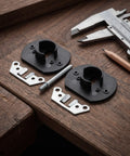Five Set Sectional Sofa Connector Bracket Kit with pin style interlocking hardware on a wooden surface with caliper and pencil