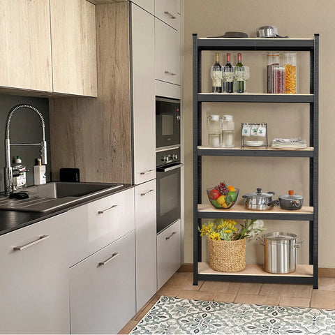 Rock Solid Heavy Duty Steel Storage Rack Two Pack Adjustable Five Tier Shelving displayed in a modern kitchen with various items.