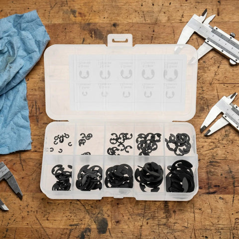 120 Pcs Black External Retaining Ring Set E Clip Assortment Kit M1.5 To M10 Open Design Beryllium Bronze For Durable Fastening And Corrosion Protection For Shop Pros In Workshops And Repair Shops With Neat Storage Box For Easy Organization. Black E clip assortment in storage box, open rings sorted by size