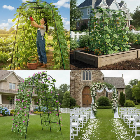 Super Sturdy 7 Foot Garden Arch Trellis For Climbing Plants in backyard with vegetables and flowering vines