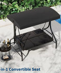 Three-Seat Outdoor Porch Swing With Adjustable Canopy For Sun Protection, Sturdy 800 Lb Heavy Duty Steel Frame next to pool.