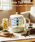 Glass kettle with a removable tea infuser on a table, surrounded by jars of tea leaves and coffee beans. Perfect for water, tea, coffee.