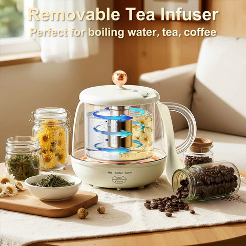 Glass kettle with a removable tea infuser on a table, surrounded by jars of tea leaves and coffee beans. Perfect for water, tea, coffee.