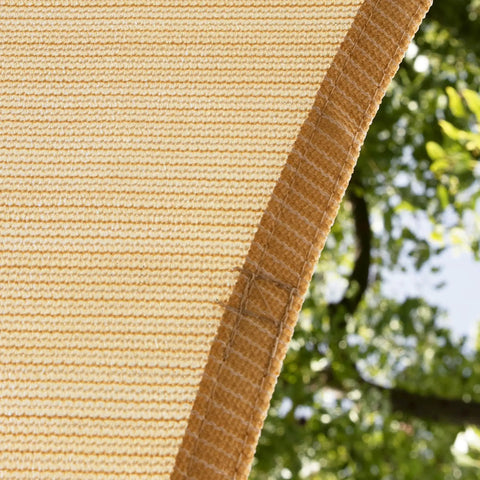 Close-up of Beige Triangle Shade Sail 10 Feet By 10 Feet For Patio Deck And Garden Made From 200 GSM HDPE Water And Air Permeable Fabric