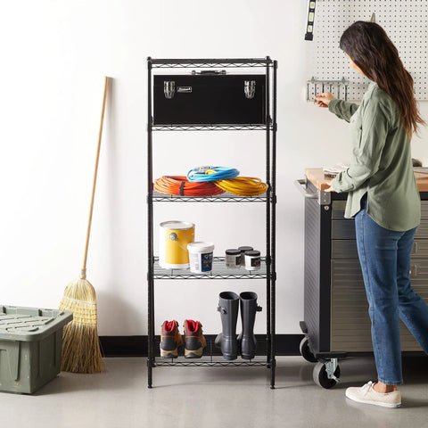 Heavy Duty Wire Shelving Rack Adjustable Five Tier Garage Storage Organizer Unit With Tool Supply Holder Black Finish work area.