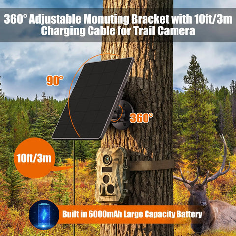 Premium 6W Trail Camera Solar Panel And Portable Battery Charger Kit Featuring Stable 6V 9V And 12V DC Output Options on a tree with trail camera.