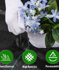Weed Barrier Landscape Fabric Heavy Duty 3.2oz Ground Cover Mat installed with U Shaped Pegs in garden with flowers