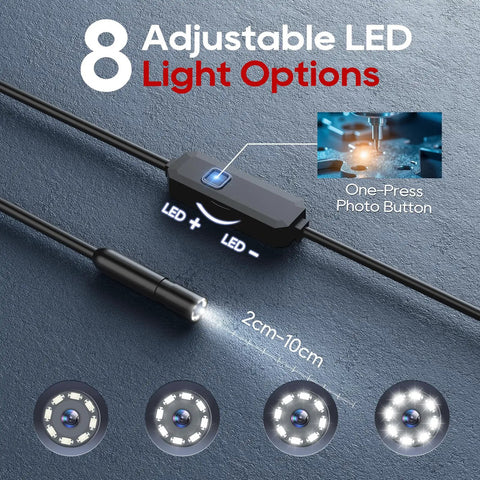 Pro-Grade Endoscope Camera With Light For Android And iOS, 1920P HD Borescope With 8 Adjustable LEDs and semi-rigid cable