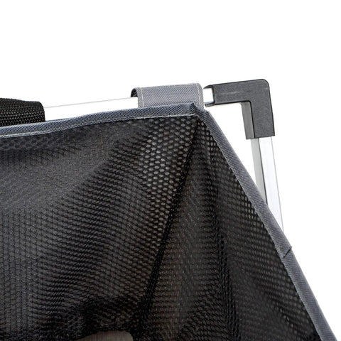 Close-up of mesh fabric and frame of Triple Laundry Basket Hamper With Three Compartments For Light Dark And Colored Clothes, Dark Gray