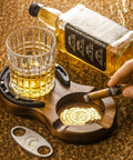 Wooden Cigar Ashtray With 3 Slots, Coaster And Whiskey Glass Tray, Handmade Horseshoe Design on table with whiskey glass