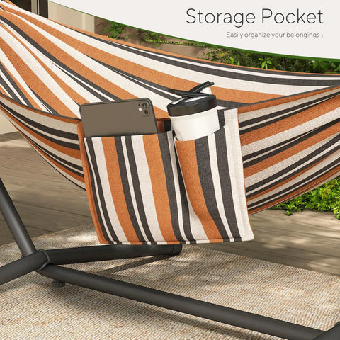 600 Lb Hammock With Stand For Outdoor Or Indoor Use 2 To 3 Person Portable with side storage holding phone and cup