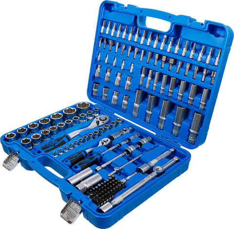 Master Grade 150 Piece Socket Set With Quarter Inch And Half Inch Drives Featuring Super Lock Sockets displayed in a blue molded case.