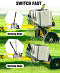 Tow Behind Lawn Dethatcher with 24 spring steel tines, heavy duty carbon steel frame, 48 inch wide, in walking and working mode