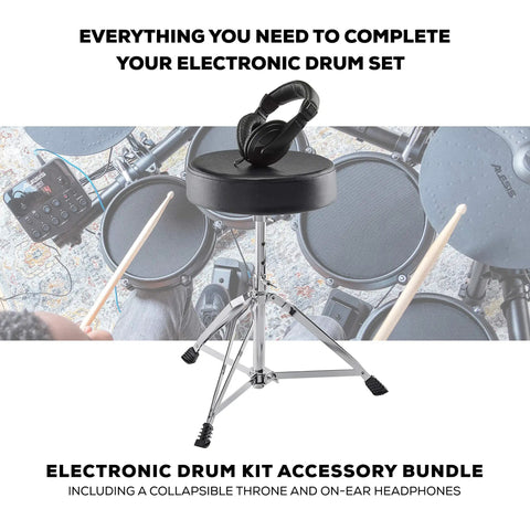 Complete Electric Drum Kit Accessory Bundle With Collapsible Drum Throne And On Ear Headphones displayed on drum set