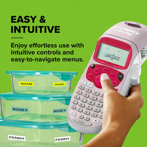 Person using Pink Handheld Label Maker For Home And Office, Lets You Create Quick, Stylish Labels With ABC Keyboard, 13-Character LCD.