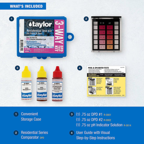 Zero Hassle Three In One Dpd Water Test Kit For Pools And Spas With Handheld Comparator For Quick Free Chlorine Ph And Bromine Checks Compact Case featuring test kit components.