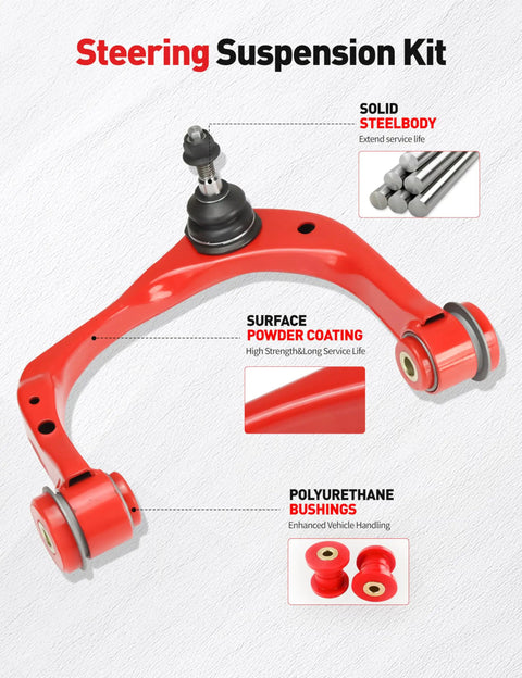 12PC Tough As Nails Suspension Kit For 2015 2017 Ford F 150 4WD red control arm with polyurethane bushings and ball joint.