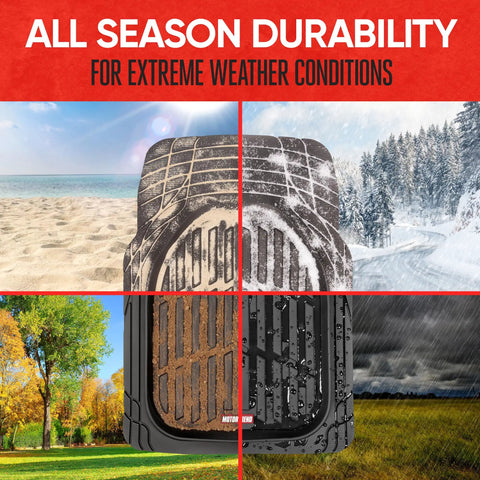 Premium Quality Heavy Duty Hella Durable All Weather Floor Mats Deep Dish Waterproof Trim To Fit Black Rubber Guard Set For Cars Trucks SUVs Beater Proof Ride Armor System showing all-season durability for different weather conditions.