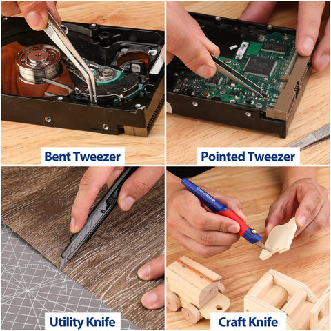 Solid 33 Piece Precision Repair Tool Kit With Screwdrivers Pliers Tweezers Utility Knife Blades for precise electronics work on various materials.