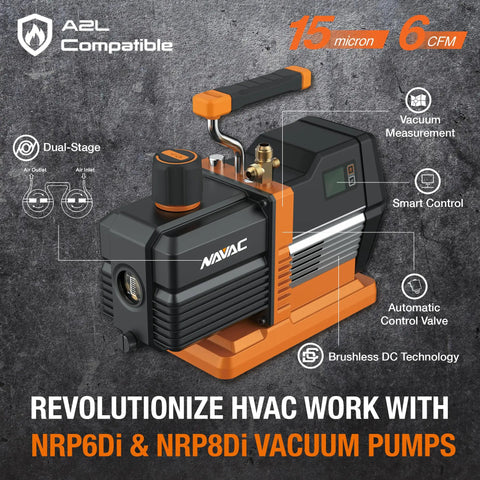 Professional Grade Smart Vacuum Pump For HVAC Systems Featuring Built In Digital Micron Gauge And 6 Cfm Flow Rate With Two Year Warranty top view showing dual-stage design and digital interface.