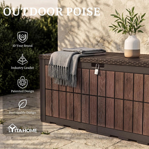 134 Gallon Waterproof Resin Outdoor Deck Box With Lock Doubles As Bench Seating For Patio Cushions Garden Tools And Pool Accessories No Fuss Heavy Duty Weather Ready Dark Brown Wood Grain Finish with a blanket and plant on top