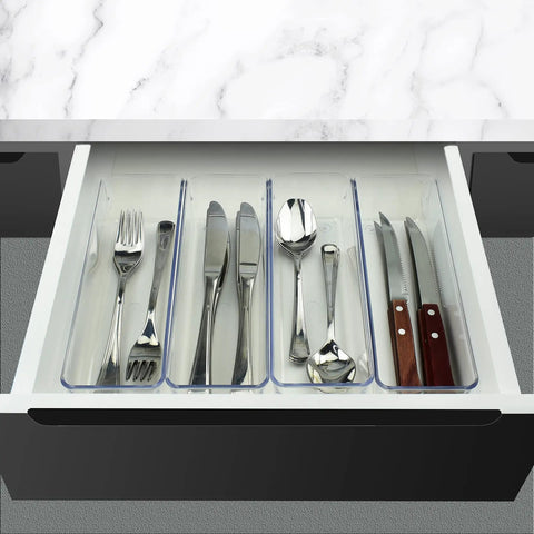 Clear Drawer Organizer Set Four Piece Modular Bins For Office Home Makeup Kitchen And Junk Drawer Storage with utensils